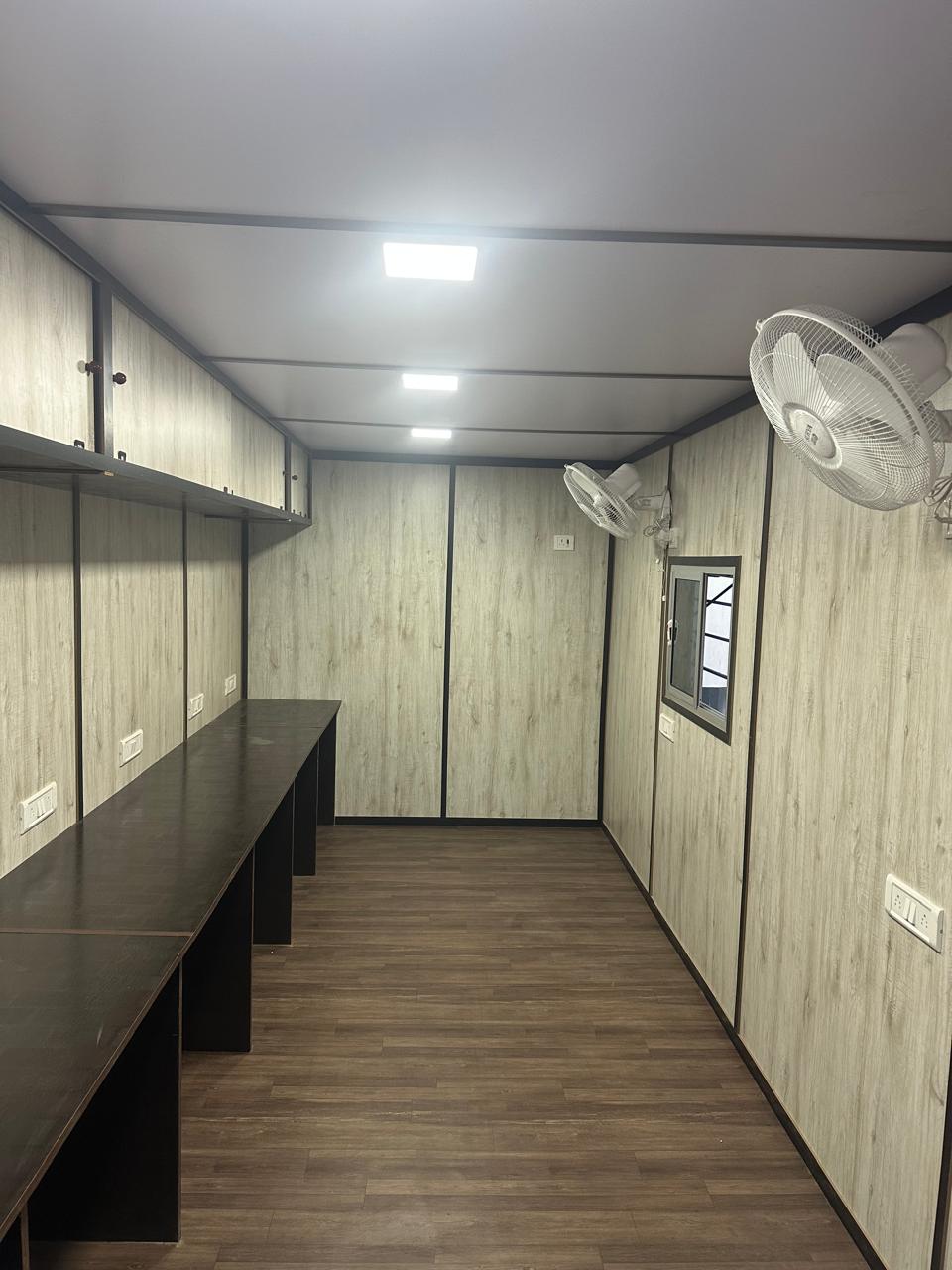 Container home exterior at sunset